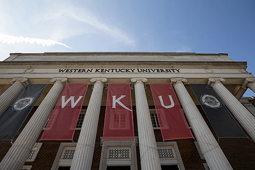 WKU banner on Van Meter Hall Columns