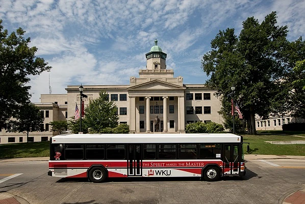 Bus in front of Cherry Hall