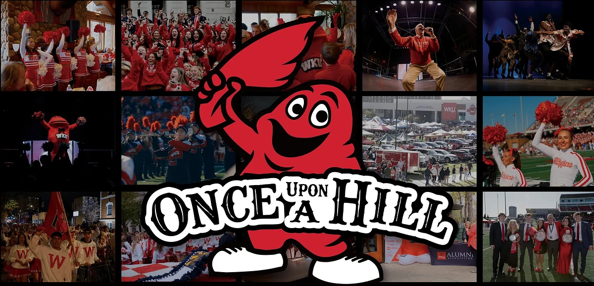 A collage celebrating Western Kentucky University events and spirit, featuring the WKU mascot Big Red and the phrase "Once Upon a Hill."