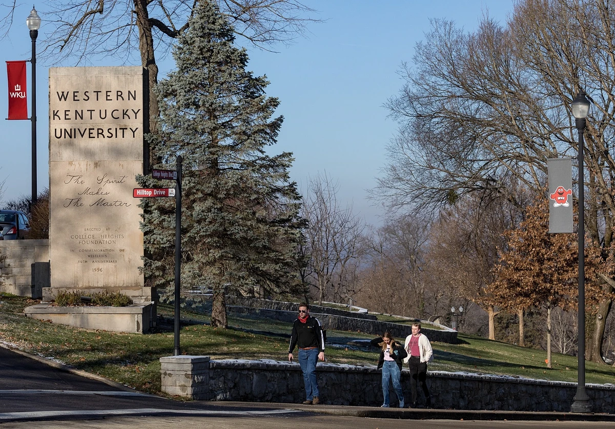 students walk up the hill