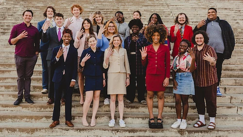 Asynchronous Speech Championship. Team members (back row, from left) Dakota Perry, Collin Tuerk, Caitlyn Woitena, Danielle Williams, Reese Johnson, Jaleon Brown, Christian Butterfield, Director of Debate Chadwick Meadows; (middle row, from left) Director of Forensics Ganer Newman, Jonah Johnson, Shainna Ralston, Antonina Clementi, Rachael Akinbayo; (front row from left) Rashon Leday, Samantha Sallee, Paige Allbright, Kellin Robinson, Tani Washington, Joseph Eberle.